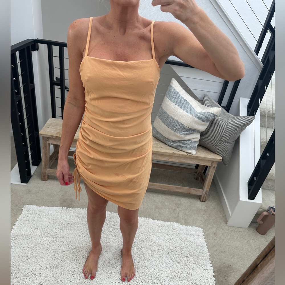 Emory Park Peach Ruched Adjustable Side Mini Dress | Size M - Picture 3 of 13